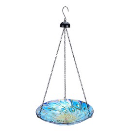 MUMTOP 11 inch Hanging Bird Bath Glass Bird Bath Peacock Outdoor Bird Feeder for Garden Yard Decoration