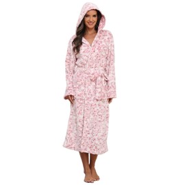 RONGTAI Leopard Print Hooded Bathrobe for Women, Long Shawl Collar Fleece Womens Robe with Pockets and Belt (XXL, Pink)