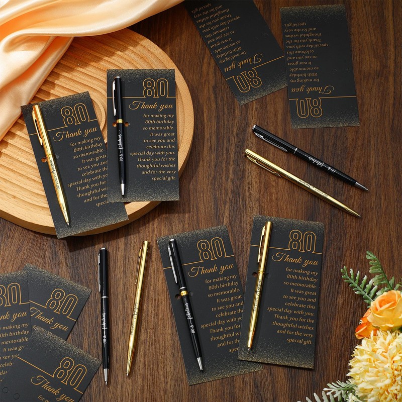 80th Birthday Party Favors with Black Gold Pens Thank You
