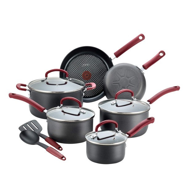 T-fal Ultimate Hard Anodized Nonstick Cookware Set 12 Piece Pots and Pans, Dishwasher Safe Red