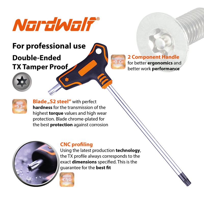 NordWolf 9-Piece T-Handle Torx Wrench Set, S2 Steel Long Arm