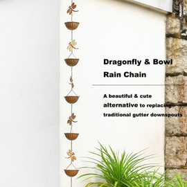 Retrome Dragonfly & Bowl Rain Chains, 8.5 ft Length Decorative Rain Catcher Chain for Gutters Outside, Iron Rain Gutter Replacement Downspout, Patina Color