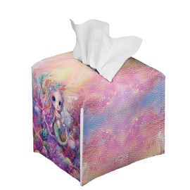 PJHEQOXE Premium Waterproof Square Tissue Box Cover - PU Leather Storage Organizer for Car, Nightstand, Bathroom Countertop, Durable Anti-Slip Home Decor Summer Gifts Cute Mermaid