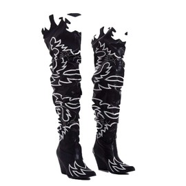 Cape Robbin Hilda Cowboy Boots Women, Over the Knee Western Cowgirl Boots with Chunky Block Heels, Neon Faux Snakeskin Booties - Black Size 6.5