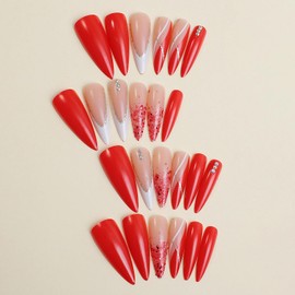MISUD Press on Nails Long Stiletto Fake Nails Glossy Glue on Nails Red Acrylic Nails Almond Artificial Nails Bling Glitter Stick on False Nails with Rhinestone Design 24 pcs