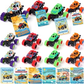 Hanaive 12 Pcs End of the Year Student Gifts Monster Truck Pull Back Cars with Encouragement Cards Keychains Classroom Summer Gifts from Teacher