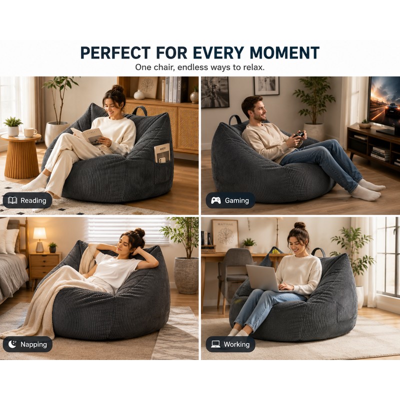 Dark Grey Bean Bag Chair with Handle, Floor Sofa for