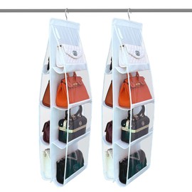 Handbag Storage, Pack of 2 Hanging Handbag, Wardrobe Organiser, Hanging Organiser with 8 Transparent Plastic Compartments, Bag Storage for Family Cupboard, Bedroom (White)
