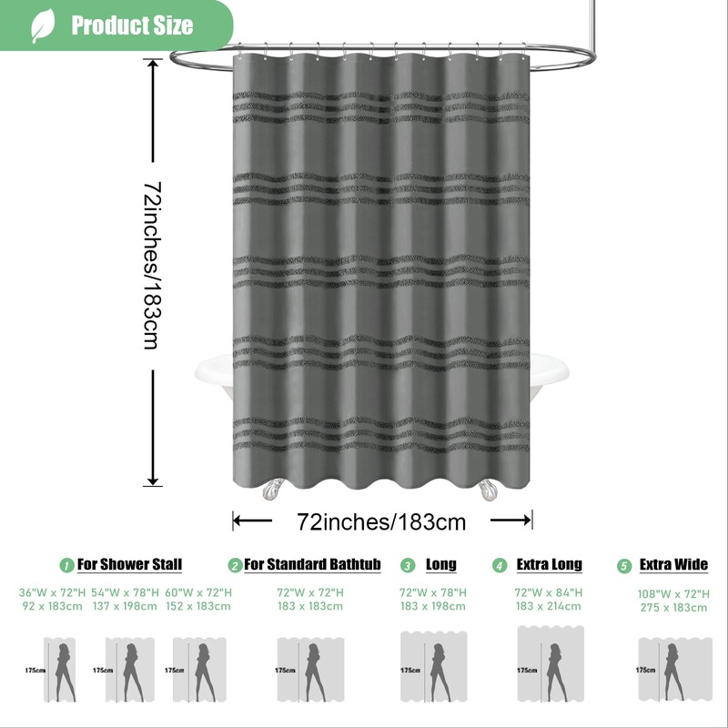 Dynamene Charcoal Grey Fabric Shower Curtain, Tufted Chenille Striped Cloth