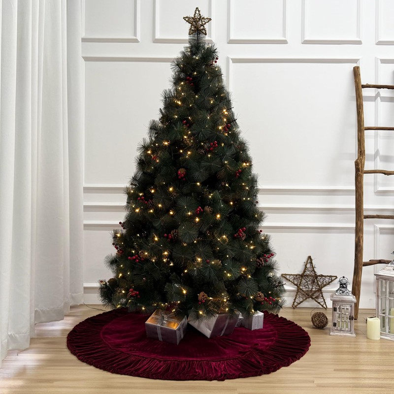 72-Inch Ruffled Velvet Christmas Tree Skirt, Thick Foam-Lined Heavy Duty