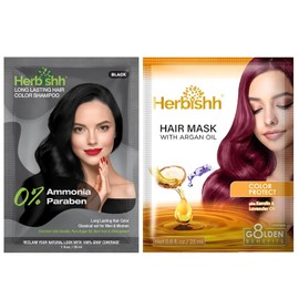 Herbishh Travel Pack – Shampoo Colorante 3 en 1 en Sobres + Mascarilla Capilar de Argán | Negro Natural | Cubre Canas 100% en 10 Minutos | Nutre, Suaviza y Fortalece el Cabello | 30 ml