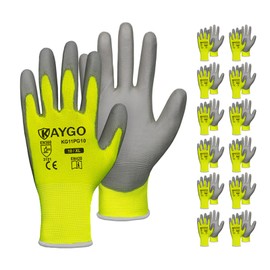 KAYGO Safety Work Gloves PU Coated-12 Pairs, KG11PB, Seamless Knit Glove with Polyurethane Coated Smooth Grip on Palm & Fingers, for Men and Women, Ideal for General Duty Work (X-Large, Green)