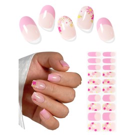 AutyaMee Semi Cured Gel Nail Strips (Pink Flower French), 20 Pcs Gel Nail Wraps, Stickers, UV Light Required