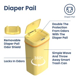 NINESTARS NPT-16-1YL Automatic Touchless Motion Sensor Diaper Disposal Trash Can with lid, 4.2 gallon/16 L, Yellow, Plastic