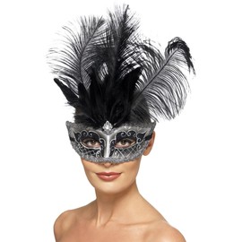 Smiffys Venetian Colombina Eyemask, Grey with Black Plumes, Eyemasks Fancy Dress, Adult Dress Up Eye masks