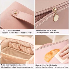 Bolsa De Cosméticos De Viaje De Gran Capacidad, Bolsa De Cosméticos Portátil De Cuero Resistente Al Agua, Bolsa De Cosméticos Multifuncional Para Mujer Con Asas Y Compartimentos (PU Rosa)