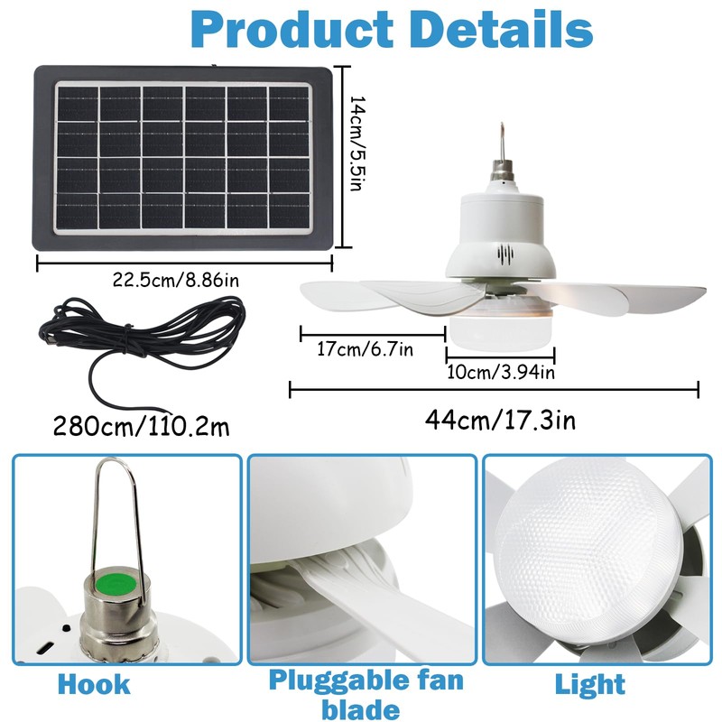Solar Ceiling Fan Light,Solar Powered Rechargeable Ceiling Fan with 3