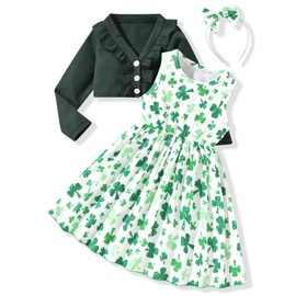 HINTINA 3T Toddler little Girls St. Saint Patrick's Day Dress Outfits Shamrock Sleeveless Sundress With Long Sleeve Waffle Cardigan Set 3-4T