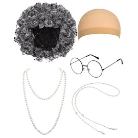 Vivrerizo Old Lady Costume Granny Wig Set - 5 Pcs Gray Curly Wig with Wig Cap Glasses Glasses Chain Pearl Necklace Set for Funny 100 Days of School Outfit Halloween Costume Party Cosplay