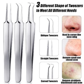 Blackhead Remove Tools 4 Pieces Ingrown Hair Removal Kit 3 Stainless Steel Blackhead Tweezers with Needle Pimple Comedome Extractor Punch Blemish Tool Zit Popper Set with Metal Case for Women Girls