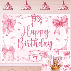 Bow Happy Birthday Backdrop Pink Bowknot Coquette Birthday Party photography Background for Women Girls Bachelorette Party Decoration Supplies (Pink, 7x5FT（210x150cm）)