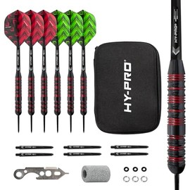 Hy-Pro Darts Set - 22g Steel Tip Darts, 6x Aluminium Shafts, 6x Plastic Shafts, 12 Flights, 6x O'Rings, 6x Spring Rings, Dart Sharpener, Dart Tool, With Case, Great Darts Gift Idea, Darts Accessories