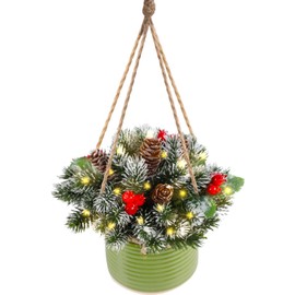 ADXORA Artificial Hanging Plant, 14 Inch Hanging Small Christmas Tree,Snow Flocked Christmas Tree with Pinecones and Cherries for Indoor Christmas Decor