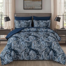 DJY Navy Paisley Comforter Set King Size 7 Piece Bed in a Bag Boho Paisley Pattern Comforter Set Soft Lightweight Microfiber Blue Reversible Bedding Set for All Season (104''x90'')
