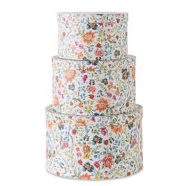 Soul & Lane Botanica Bliss Round Hat Boxes with Lids - Set of 3 Nesting Cardboard Hat Storage, Boho Floral Print Cases, Circle Stacking Decorative Keepsake Boxes
