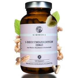 QIDOSHA 1-Deoxynojirimycin (DNJ) from White Mulberry, 120 Capsules in Pharmacist Glass, 500 mg Extract per Capsule, of which 25 mg DNJ = Highest Content on the Market, Each Batch Laboratory Tested, German Production