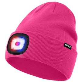 ATNKE LED Lighted Beanie Hat,USB Rechargeable 4 LED Red and Blue Flashing Running Headlamp Cap Gifts for Men and Women/#Rose Red