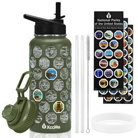 XccMe National Parks Water Bottle with Stickers,32 oz Insulated Stainless Steel Water Bottle with 2 Lids,Straws,Silicone Boot,Waterproof Stickers,Travel Vacuum Sealed Water Bottle(Army Green)