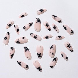 False Nails Medium Length, French Stick on Nails, 24pcs Almond Pink Press On Nails with Glue Elegant Ballet Heart Design Sweet Fake Nails for Women Girls DIY (Star -2)