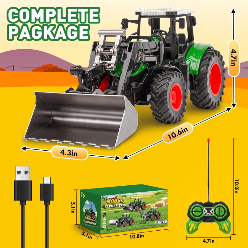 RC Tractor Toy for Kids 3-9, 2.4GHz Remote Control Farm