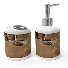 Ambesonne Basketball Soap Dispenser & Toothbrush Holder Set, Ball in The Net on Crumpled Paper Style Backdrop Scoring Sports Competition Print, Ceramic Bathroom Toiletry Accessories, 2 Pcs, Sepia