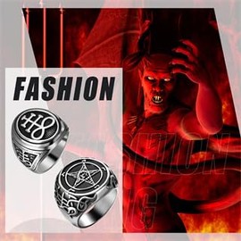 Flongo Satanic Signet Ring Men's: 2 Pieces Stainless Steel Baphomet Pentagram Goat Head Leviathan Cross Finger Ring Band Lucifer Satan Devil Symbol Vintage Gothic Jewellery for Men Size 62