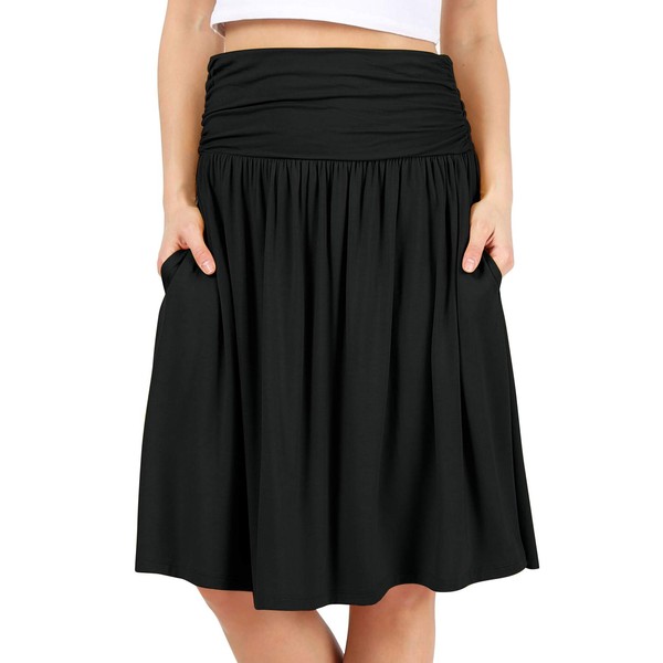 Black Skirts for Women Knee Length High Waisted Black Skirt Flowy Skirt Black Aline Skirt Black Pocket Skirt (Size Large, Black)