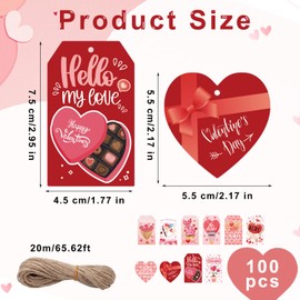 100pcs Valentine's Day Gift Tags, 10 Styles 2 Shapes Valentines Tags with String Love Heart Tags Labels with Hole Gift Wrap Tag Hanging Paper Ornaments for Wedding Party Crafts