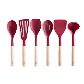 GreenLife Cooking Tools and Utensils, 7 Piece Nylon and Wood Kitchen Set with Ceramic Crock Holder, Heat Resistant Spatula and Spoons, BPA-Free, Red