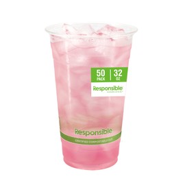 Responsible Products 32 oz Clear Cold Cups, Certified Compostable and Made from 100% American Biobased Materials, No-PFAS Added & BPA-Free (50 Count)