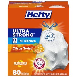 Hefty bolsas de basura con cordón para cocina, ultra fuertes, 13 galones, Torcedura de Cítricos, Blanco, 80 Count