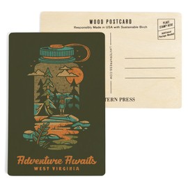 West Virginia, Adventure Awaits, Water Bottle, Lantern Press Artwork (4x6 Birch Wood Postcards, 2-Pack Stationary, Rustic Home Wall Decor)