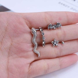 Dervivea Boho Crystal Dangle Earrings Multiple Piercings Silver Snake Stud Earrings CZ Circle Hoop Earrings Bat Flower Small Tragus Earrings Set Jewellery for Women and Girls