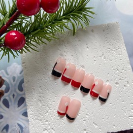 Christmas Press on Nails French Tip Fake Nails Short Square False Nails Cute Acrylic Nails with Christmas Hat Design Black Red Nail Tip Full Cover Glue on Nails Xmas Stick on Nails for Women Girls