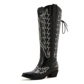 Black Wide Calf Cowboy Boots Women Knee High Tall Western Cowgirl Boots Adjustable Lace Up Plus Size Comfortable 2-Inch Heel Size 12 Wide