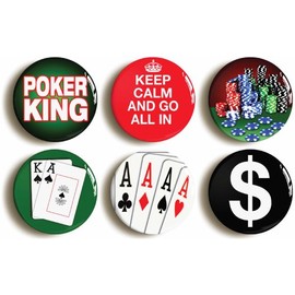 6 x"POKER" TEXAS HOLD EM BADGES BUTTONS PINS (1inch/25mm diameter)