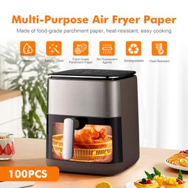 GRIFEMA Backpapier für Heißluftfritteuse, 100 Stück Airfryer Backpapier 20-24cm, BPA-Frei, Ungebleicht, Antihaft Wasserdicht Ölfest, 5.7-9 L Körbe, Airfryer Papier für Ofen, Mikrowellen, Backen