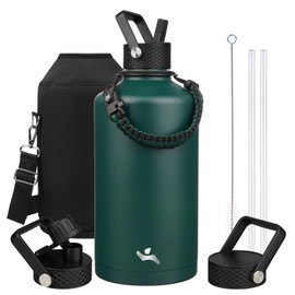 Konokyo Gallon Insulated Water Bottle with Straw,128 oz 3 Lids Water Jug with Carrying Bag,Paracord Handle, Double Wall Vacuum Stainless Steel Metal Flask,Dark Green