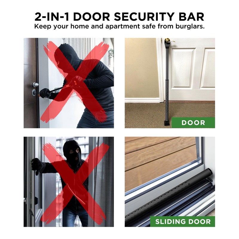 Sliding Door Security Bar, Door Jammer 2-in-1 Adjustable, Door Stoppers