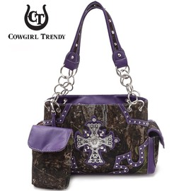 Cowgirl Trendy Camouflage Cross Western Style Studded Handbag Concealed Carry Purse Country Women Shoulder Bag Wallet (#3 Purple Set)